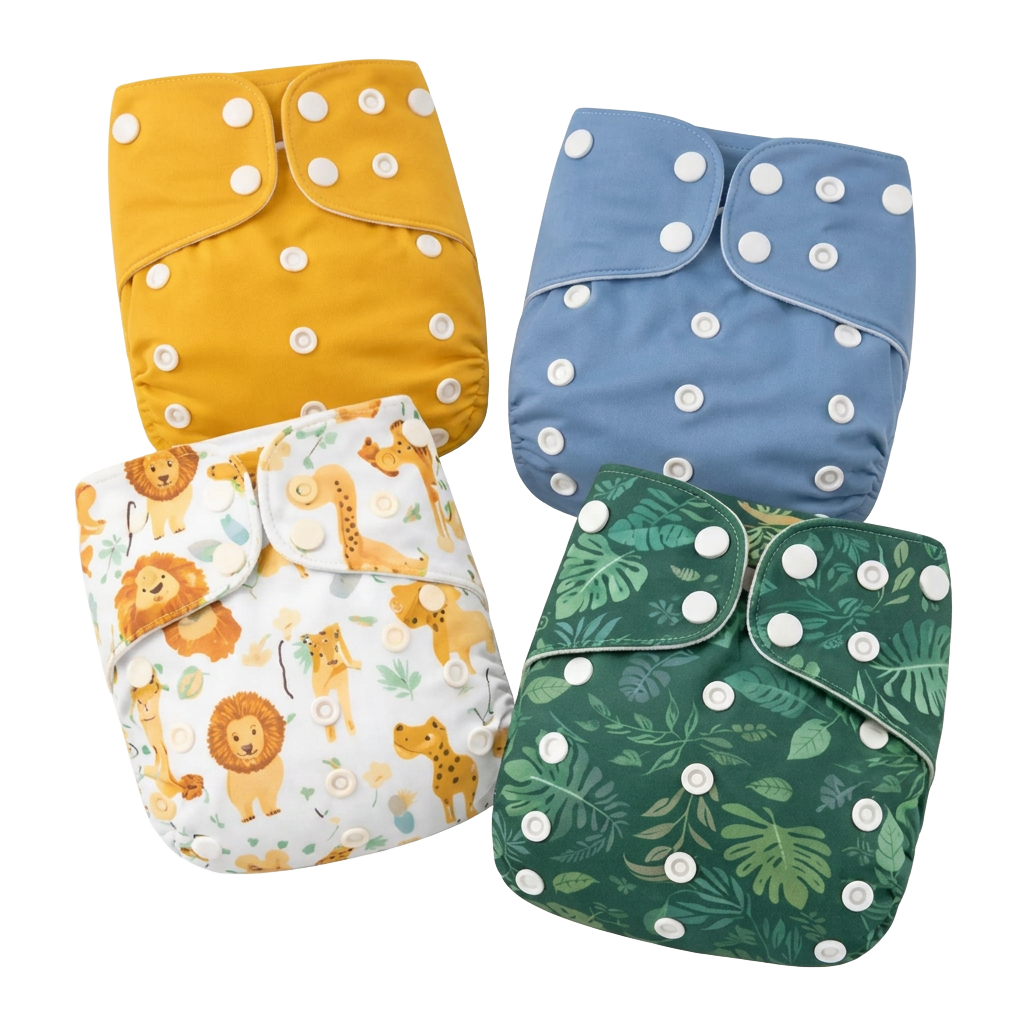 Kit de 4 fraldas ecológicas reutilizáveis nas cores mostarda, azul, safári e verde folhagem